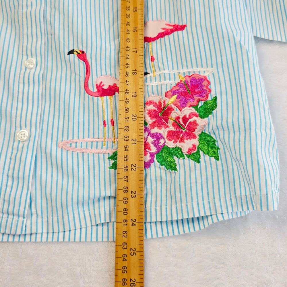 Bechamel Petite Blouse Button Up Medium Blue Stripe Flamingo Embroidery Tropical - Picture 11 of 11